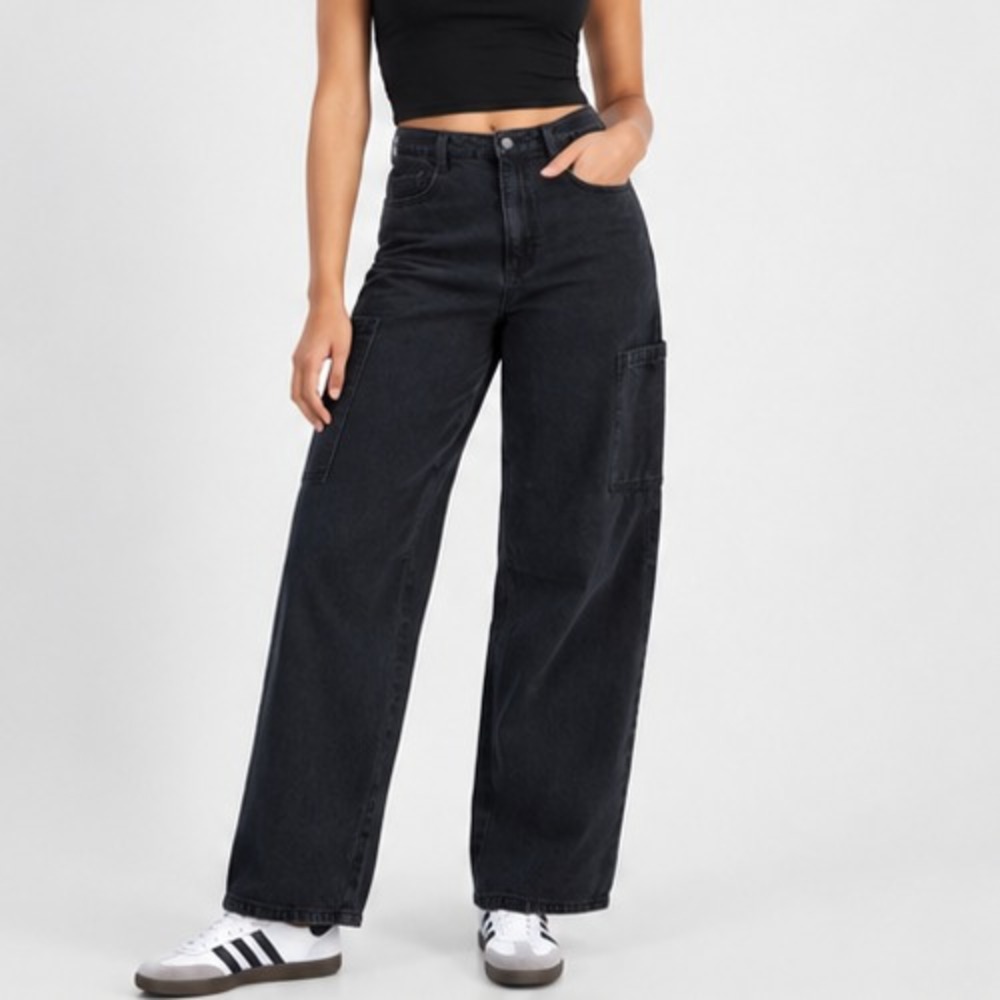 Tinseltown Juniors Baggy Cargo Jeans Size 0 Washed Black High Rise Wide Leg Zip